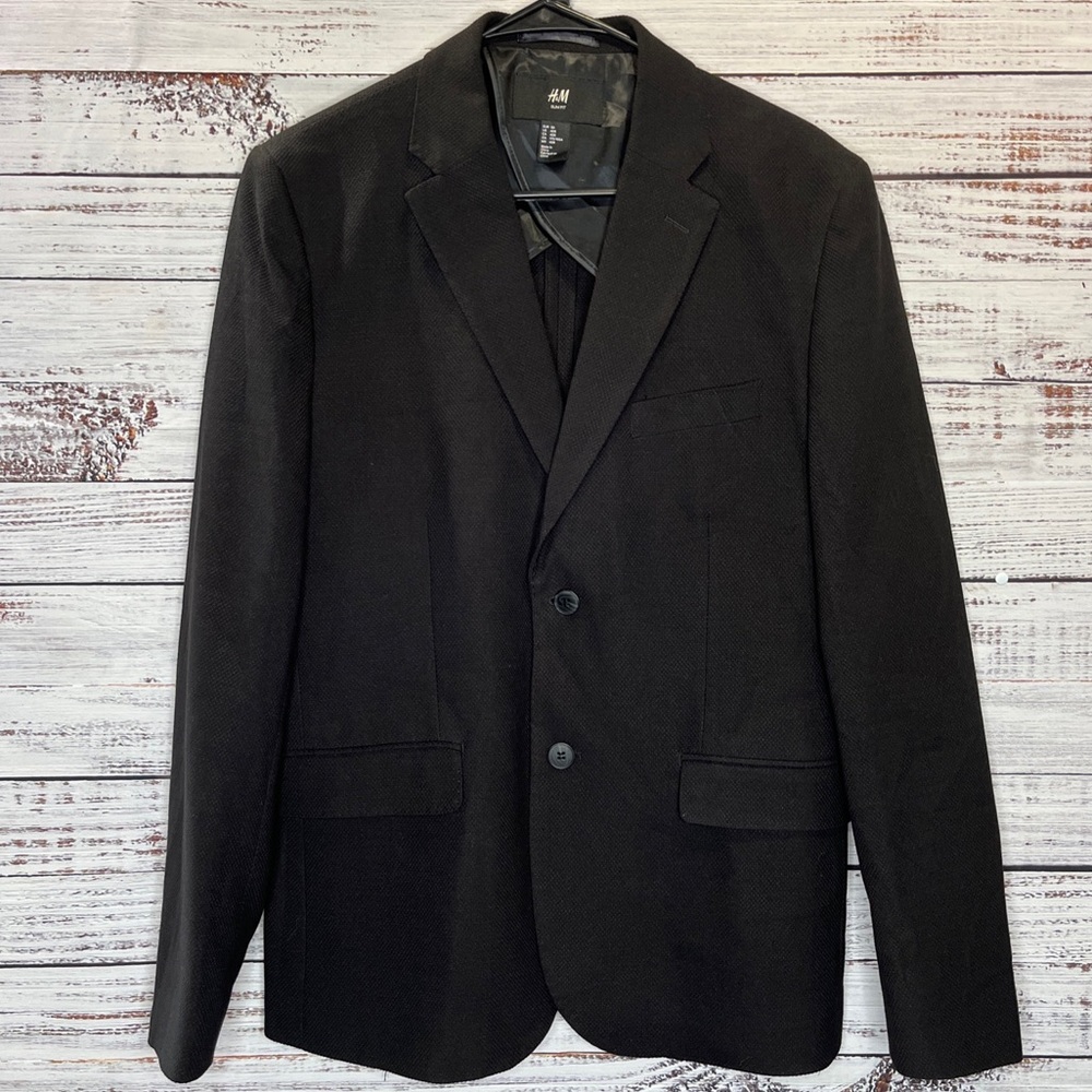 H&M Blazer Mens 40R Black Textured Slim fit Single Breast Lined Polyester Blend